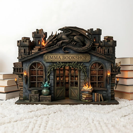 Custom Bookshop 3 Layer Wooden Block, Personalized Bookstore Decor with Dragon & Castle Accents, Reader Gift, Bookshelf Decor