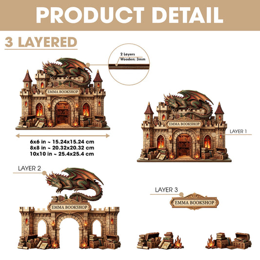 3 Layer Personalized Bookstore Wooden Block, Custom Bookshop Decor featuring Dragon and Castle, Book Lover Gift, Bookshelf Display