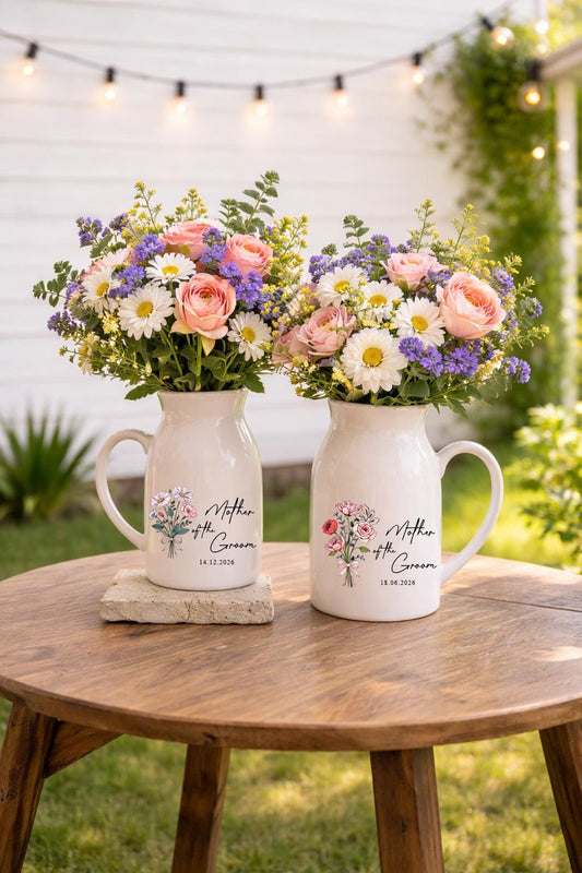 Personalized Mother of the Groom Ceramic Pitcher Vase, Custom Wedding Flower Vase Gift, Keepsake Bouquet Vase with Date