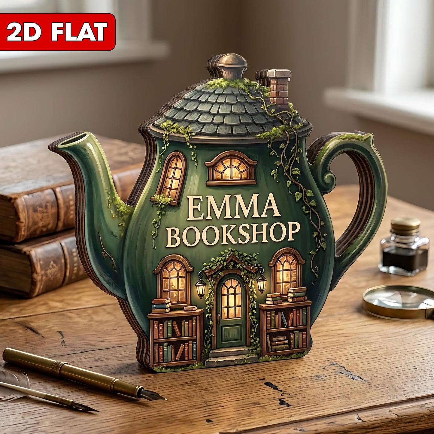 Custom Bookshop Teapot Wooden Block: Custom Bookstore Shelf Sitter with Teapot Accent, Gift for Book Lovers