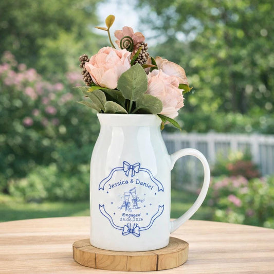 Personalized Engagement Flower Vase Set – Custom Couple Name Ceramic Pitcher Centerpiece