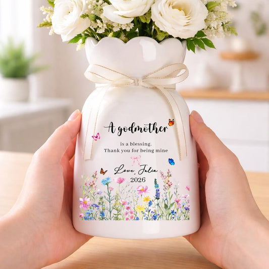 Godmother Flower Vase, Personalized Godmother Gift, Custom Message Ceramic Vase, Godmother Keepsake Gift