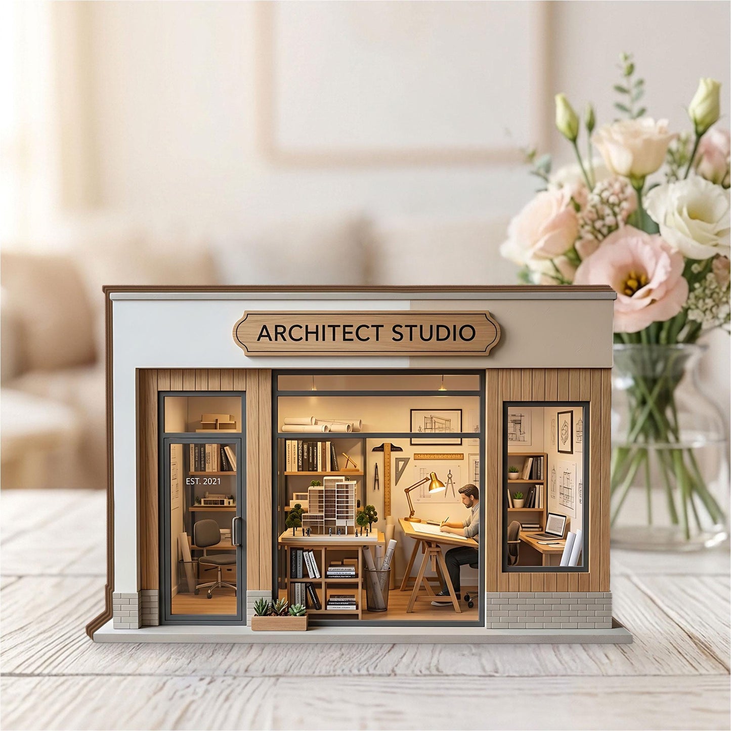 Architect Studio Wooden Block Decor, Architecture Office Miniature, Creative Workspace Diorama, Designer Desk Display, Architect Gift