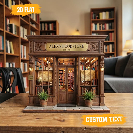 Custom Bookstore 2D Wooden Block, Personalized Library Sign Gift For Book Lovers Bookstore Book Nook Shelf Decor