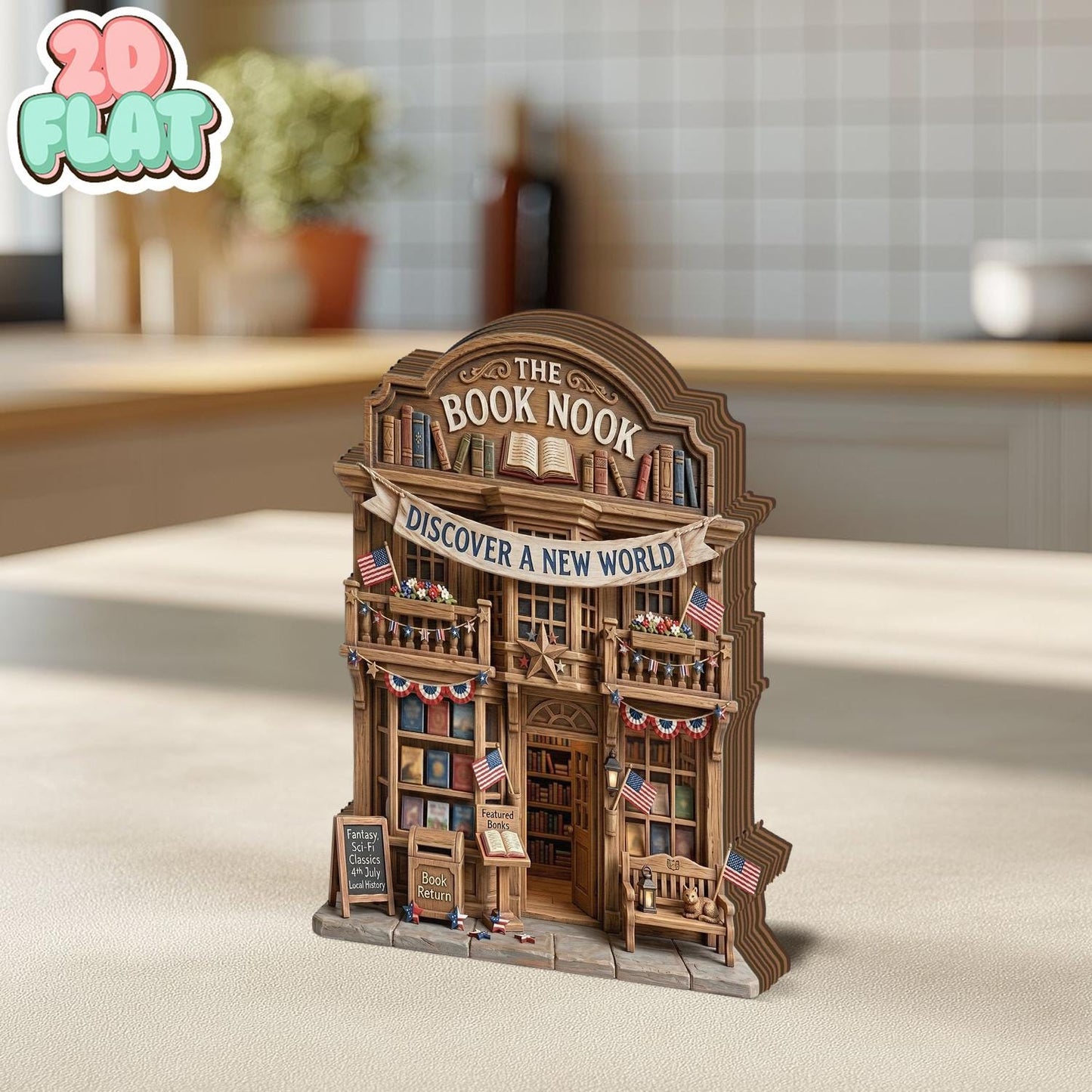 Book Nook 2D FLAT Wooden Block Decor, Library Store Mini Sign, Patriotic Americana Display, Custom Name Bookshelf Gift, Reader Desk Decor