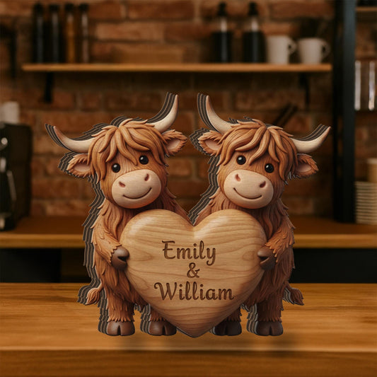 Custom Highland Cow Couple Wooden Block: Personalized Printed Farm Decor