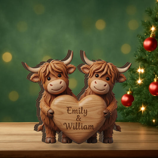 Custom Highland Cow Couple Wooden Block: Personalized Printed Farm Decor