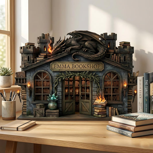 Custom Bookshop 3 Layer Wooden Block, Personalized Bookstore Decor with Dragon & Castle Accents, Reader Gift, Bookshelf Decor