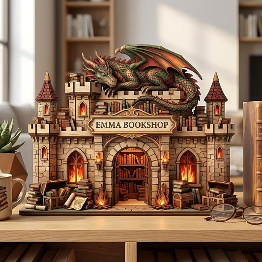 3 Layer Personalized Bookstore Wooden Block, Custom Bookshop Decor featuring Dragon and Castle, Book Lover Gift, Bookshelf Display