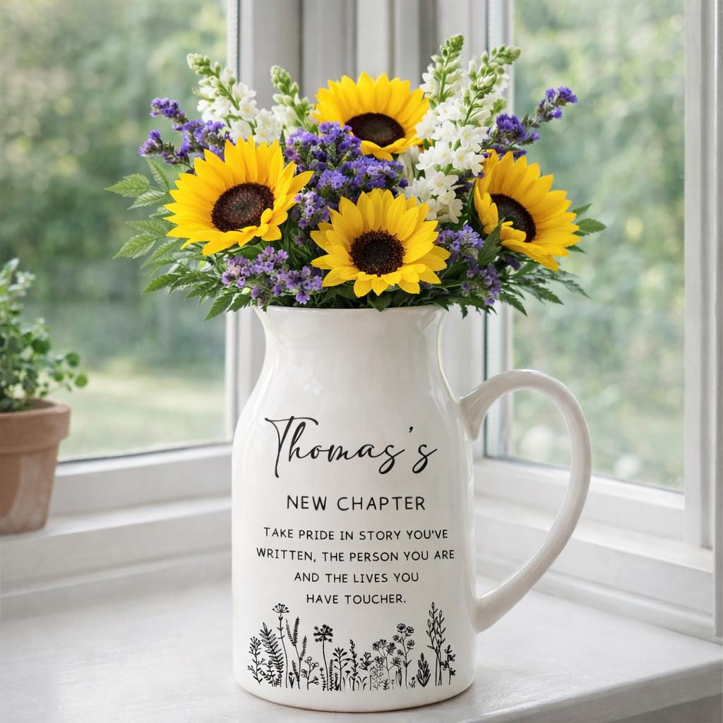 Personalized Ceramic Vase, Custom Name New Chapter Gift, Minimalist Floral Home Decor