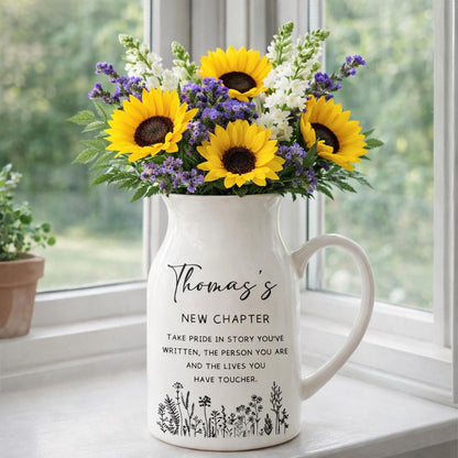 Personalized Ceramic Vase, Custom Name New Chapter Gift, Minimalist Floral Home Decor