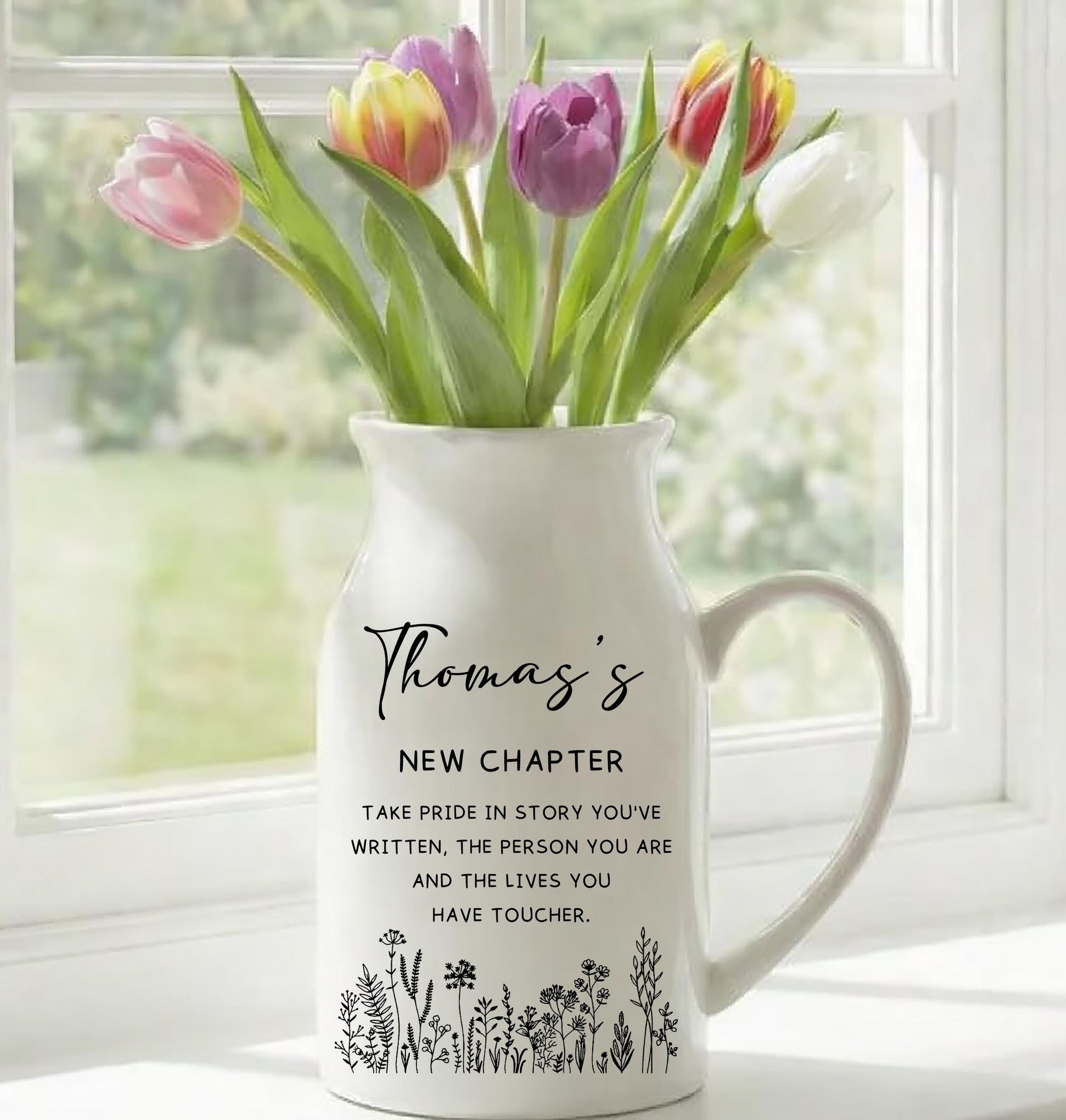 Personalized Ceramic Vase, Custom Name New Chapter Gift, Minimalist Floral Home Decor