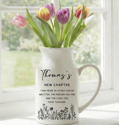 Personalized Ceramic Vase, Custom Name New Chapter Gift, Minimalist Floral Home Decor