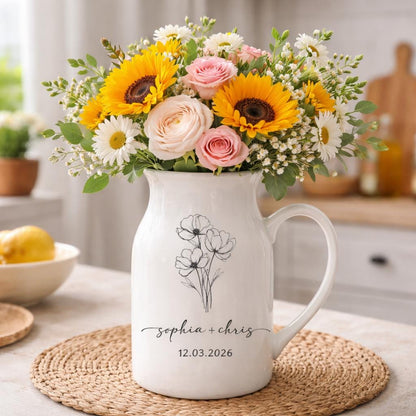 Personalized Ceramic Pitcher Vase, Custom Floral Line Art, Wedding Anniversary Gift