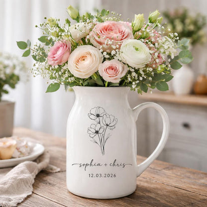 Personalized Ceramic Pitcher Vase, Custom Floral Line Art, Wedding Anniversary Gift
