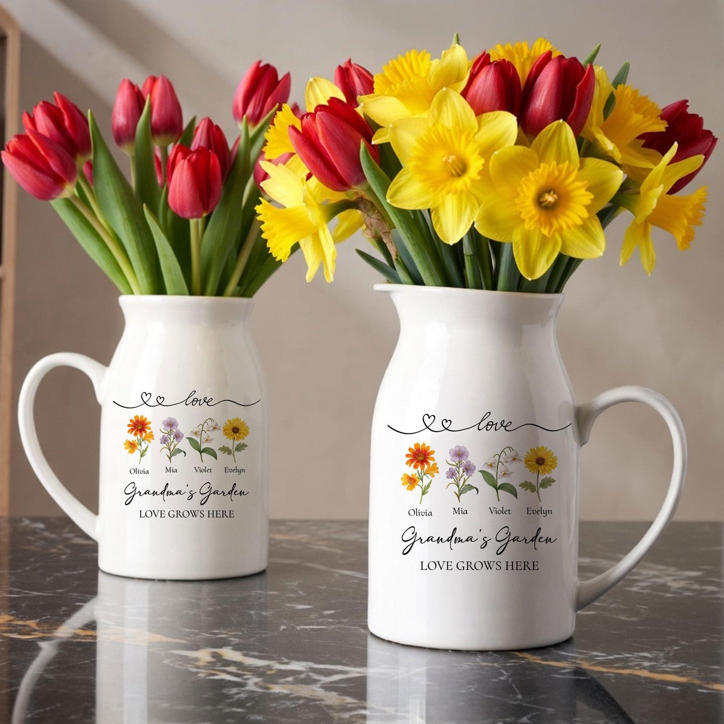 Personalized Grandma's Garden Flower Ceramic Vase, Minimalist Floral Pitcher Vase, Heartfelt Mother's Day