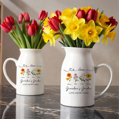 Personalized Grandma's Garden Flower Ceramic Vase, Minimalist Floral Pitcher Vase, Heartfelt Mother's Day
