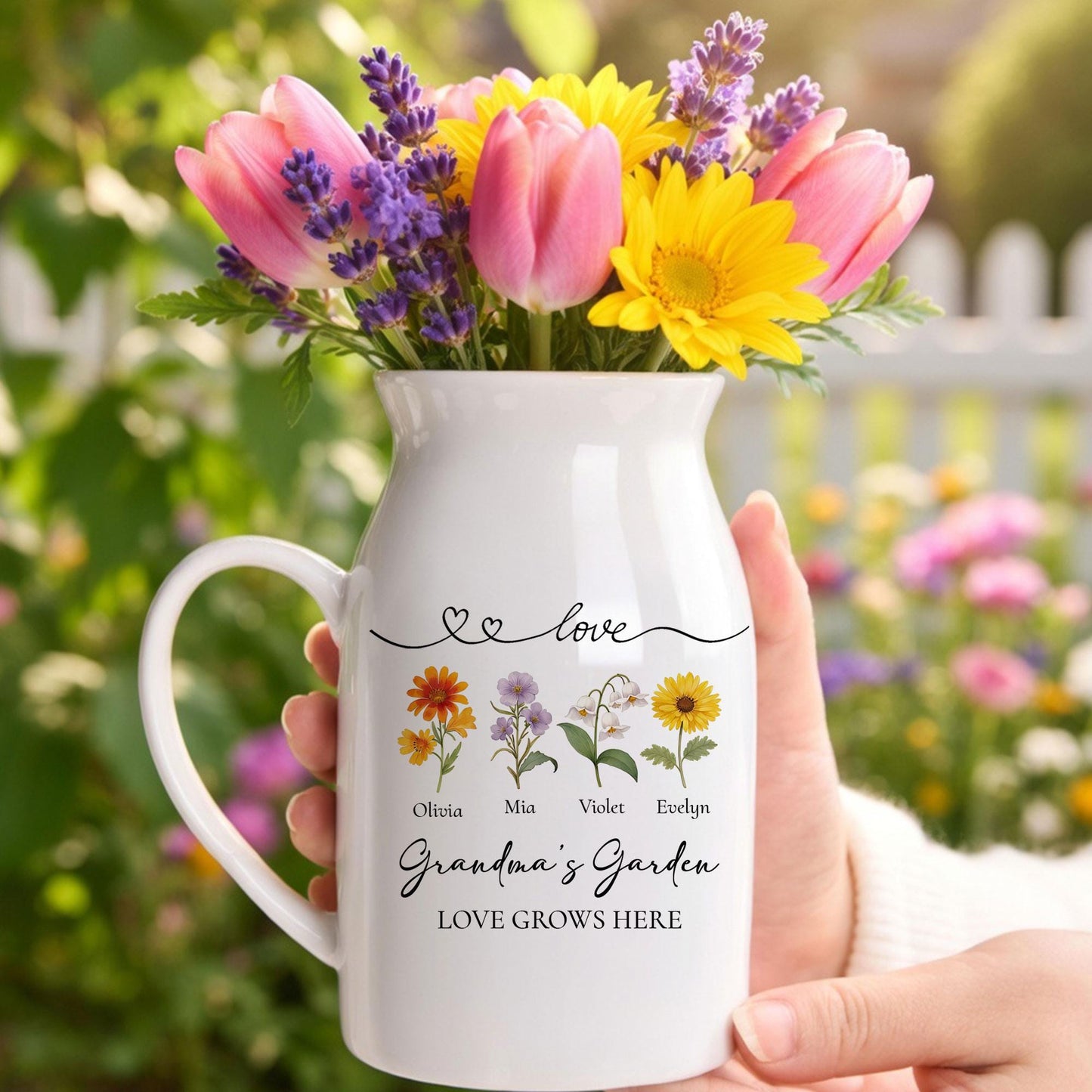 Personalized Grandma's Garden Flower Ceramic Vase, Minimalist Floral Pitcher Vase, Heartfelt Mother's Day