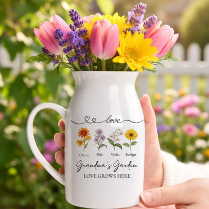 Personalized Grandma's Garden Flower Ceramic Vase, Minimalist Floral Pitcher Vase, Heartfelt Mother's Day