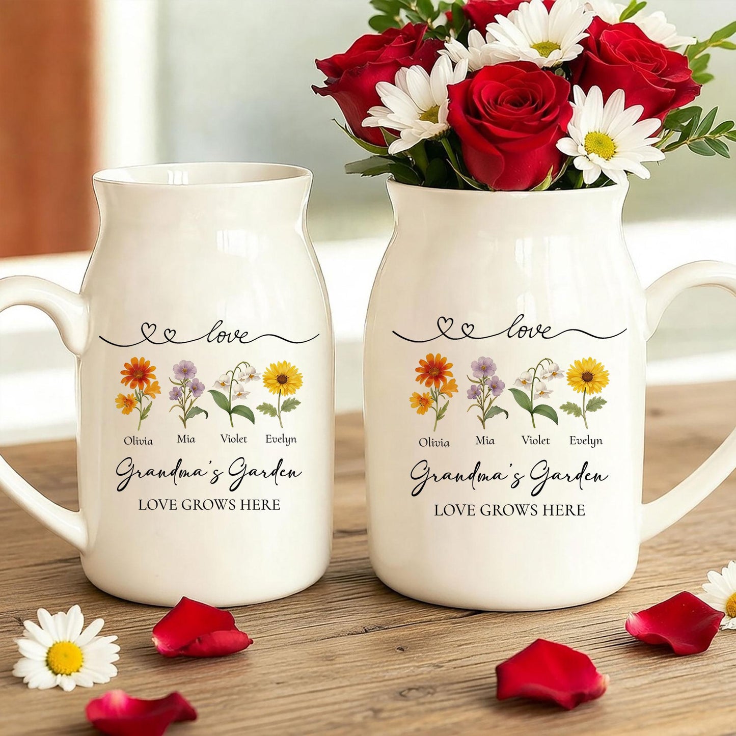 Personalized Grandma's Garden Flower Ceramic Vase, Minimalist Floral Pitcher Vase, Heartfelt Mother's Day