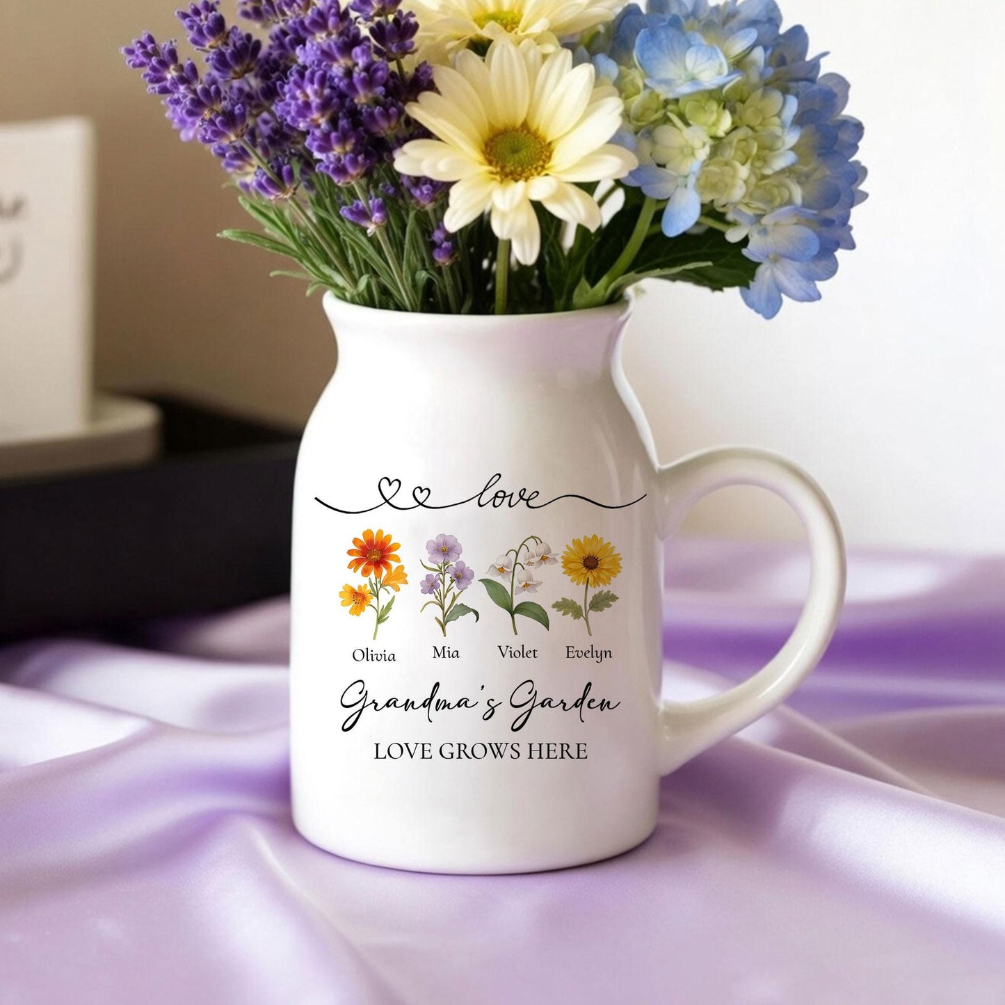 Personalized Grandma's Garden Flower Ceramic Vase, Minimalist Floral Pitcher Vase, Heartfelt Mother's Day