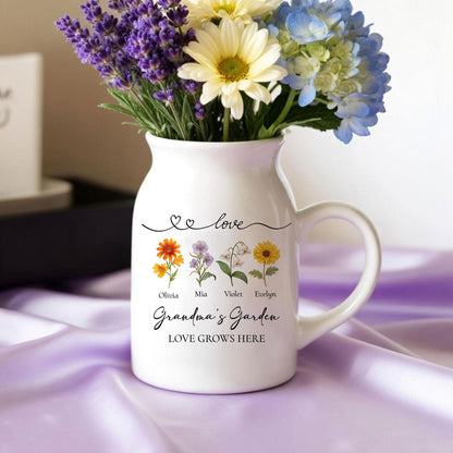 Personalized Grandma's Garden Flower Ceramic Vase, Minimalist Floral Pitcher Vase, Heartfelt Mother's Day