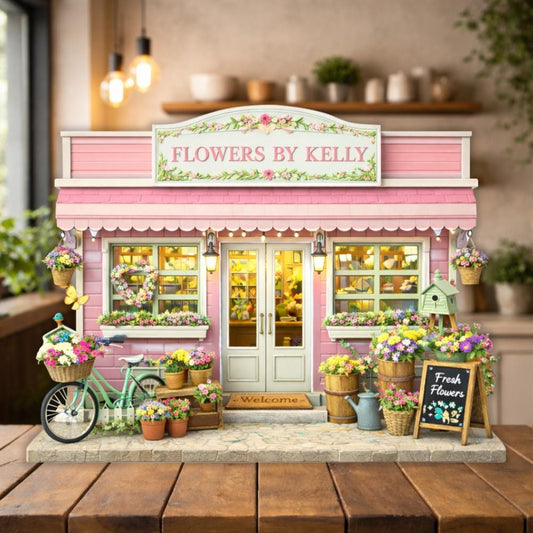 Custom Flower Shop Wooden Block Personalized Cottage Floral Storefront Name Sign Spring Wood Art Shelf Accent Bookish Gifts Home Table Decor