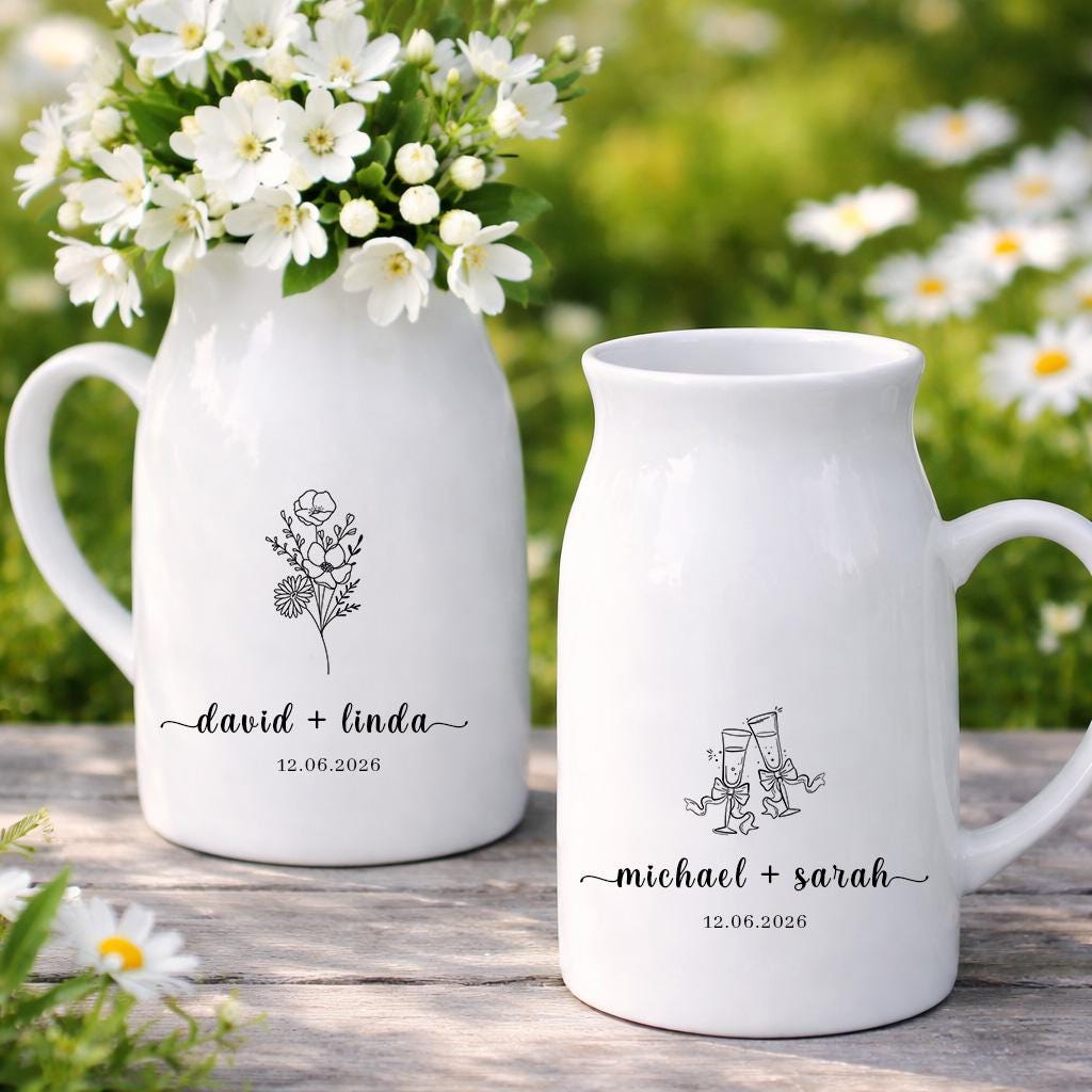 Personalized Wedding Vase, Custom Couple Name Pitcher, Engagement Gift for Couple, Bridal Shower Gift, Anniversary Keepsake