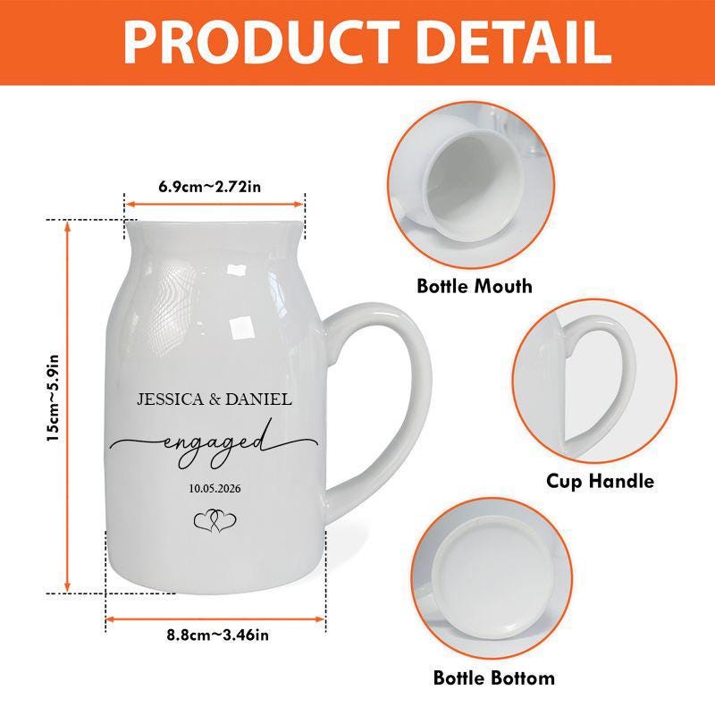 Personalized Engaged Ceramic Pitcher Vase, Custom Couple Names Vase, Engagement Keepsake Gift