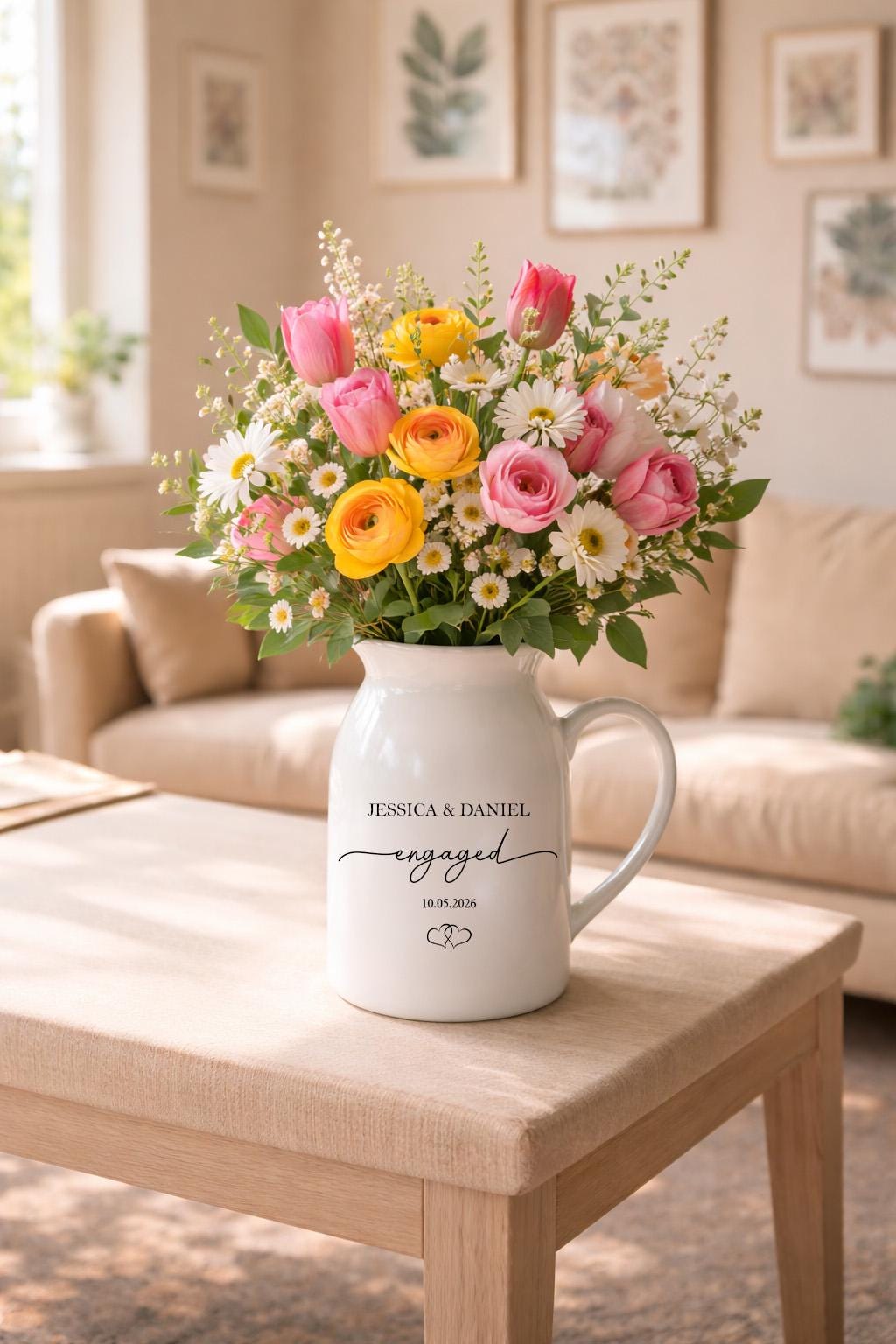 Personalized Engaged Ceramic Pitcher Vase, Custom Couple Names Vase, Engagement Keepsake Gift