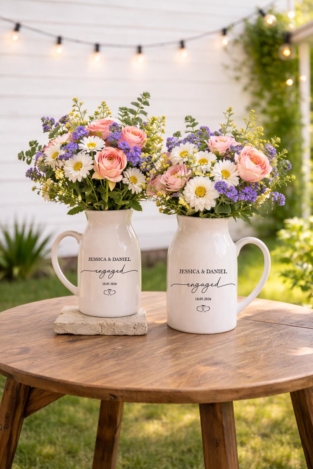 Personalized Engaged Ceramic Pitcher Vase, Custom Couple Names Vase, Engagement Keepsake Gift