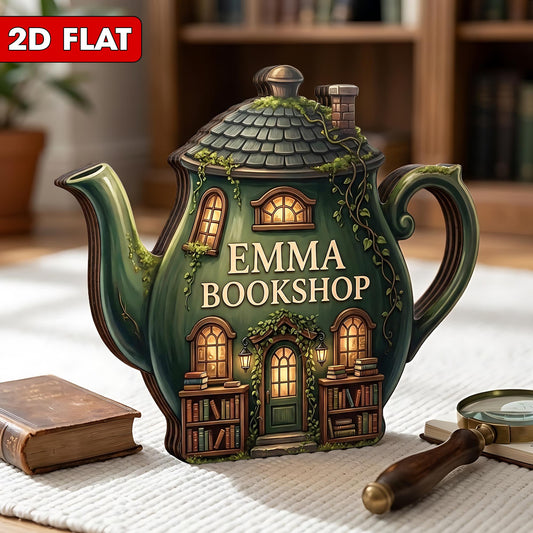Custom Bookshop Teapot Wooden Block: Custom Bookstore Shelf Sitter with Teapot Accent, Gift for Book Lovers
