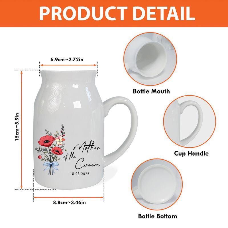 Personalized Mother of the Groom Ceramic Pitcher Vase, Custom Wedding Flower Vase Gift, Keepsake Bouquet Vase with Date