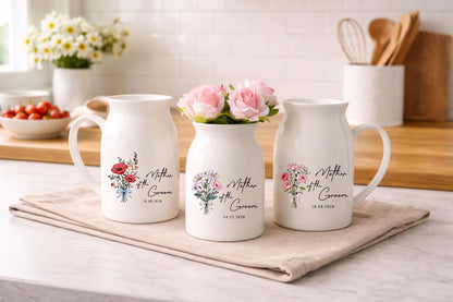 Personalized Mother of the Groom Ceramic Pitcher Vase, Custom Wedding Flower Vase Gift, Keepsake Bouquet Vase with Date