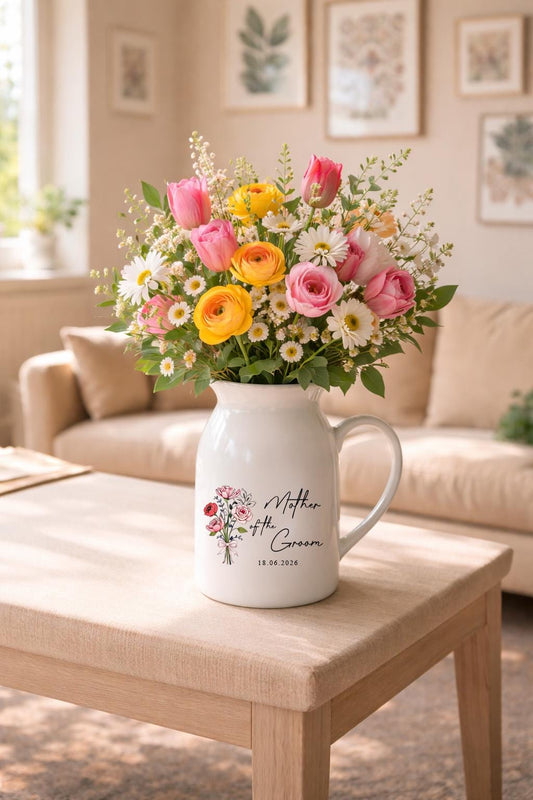 Personalized Mother of the Groom Ceramic Pitcher Vase, Custom Wedding Flower Vase Gift, Keepsake Bouquet Vase with Date