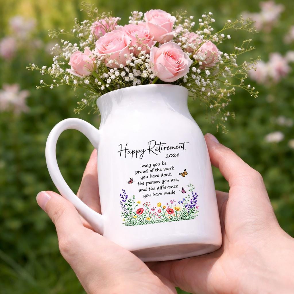 Happy Retirement Ceramic Pitcher Vase – Floral Keepsake Gift 2026