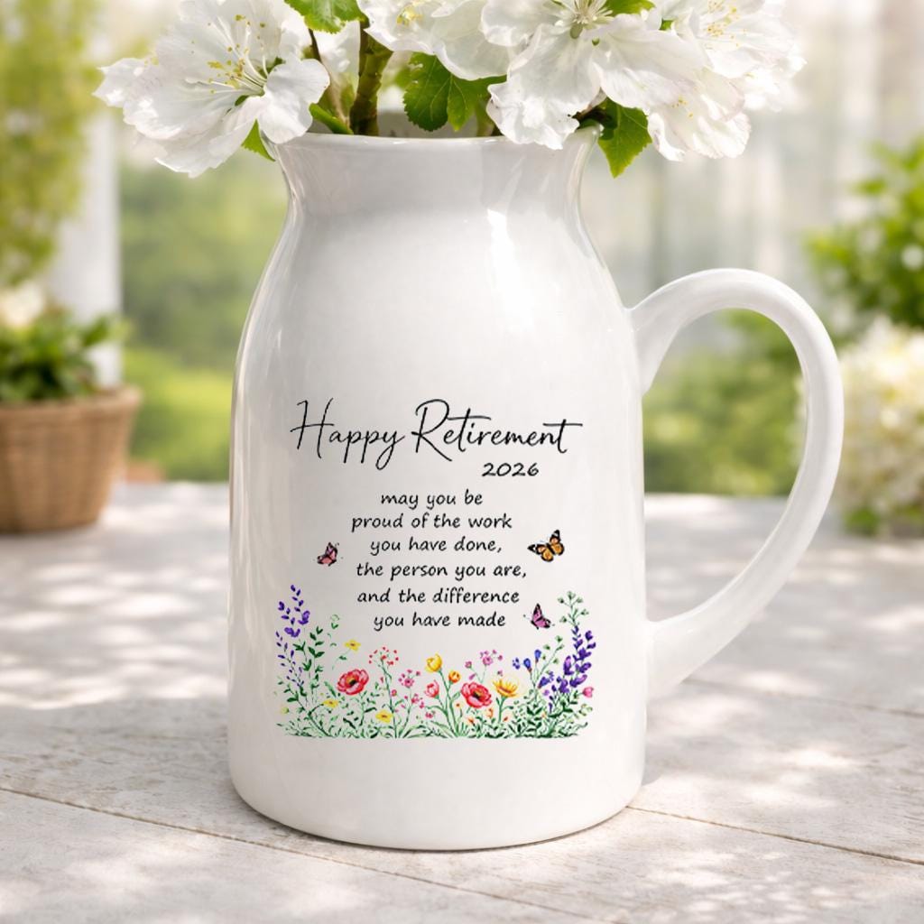 Happy Retirement Ceramic Pitcher Vase – Floral Keepsake Gift 2026