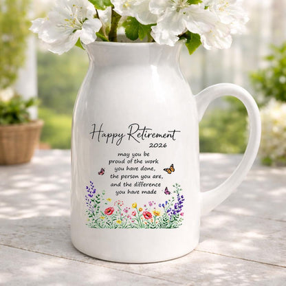 Happy Retirement Ceramic Pitcher Vase – Floral Keepsake Gift 2026