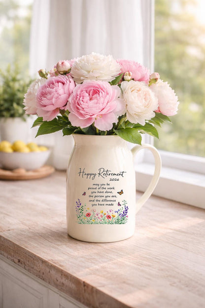 Happy Retirement Ceramic Pitcher Vase – Floral Keepsake Gift 2026