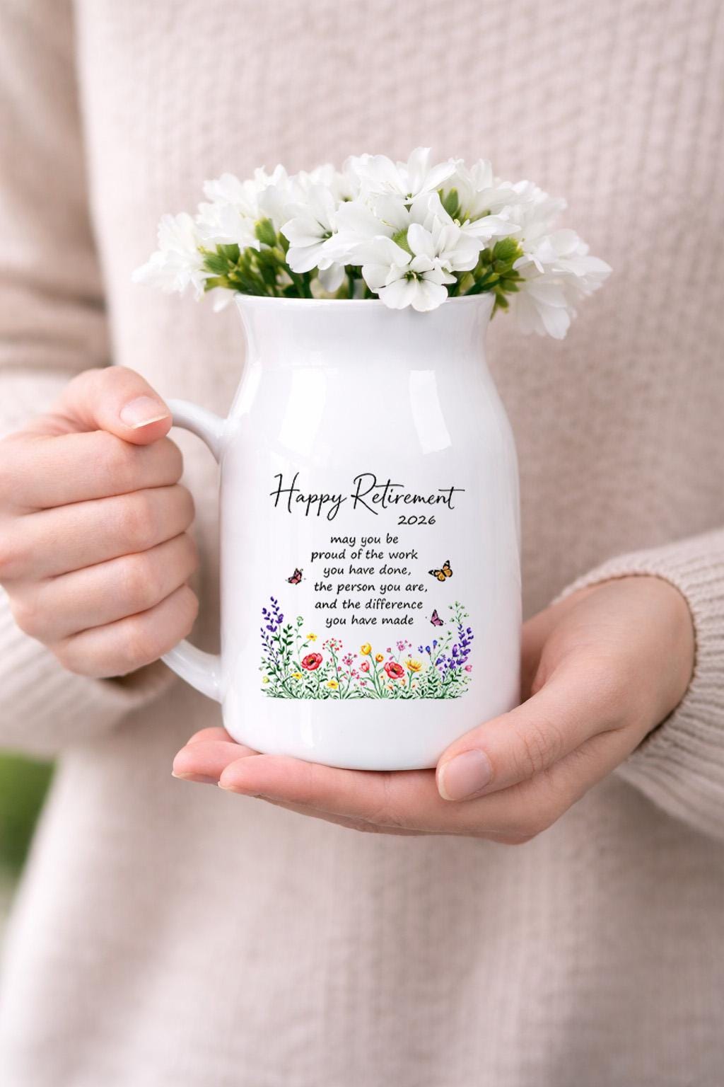 Happy Retirement Ceramic Pitcher Vase – Floral Keepsake Gift 2026