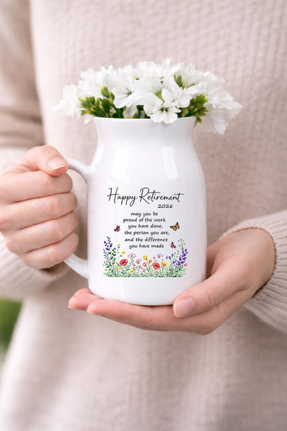 Happy Retirement Ceramic Pitcher Vase – Floral Keepsake Gift 2026