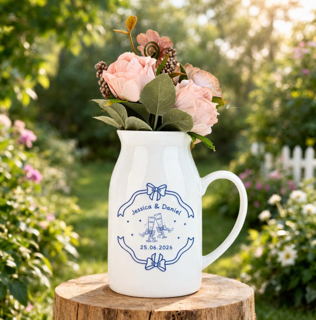 Personalized Engagement Flower Vase Set – Custom Couple Name Ceramic Pitcher Centerpiece
