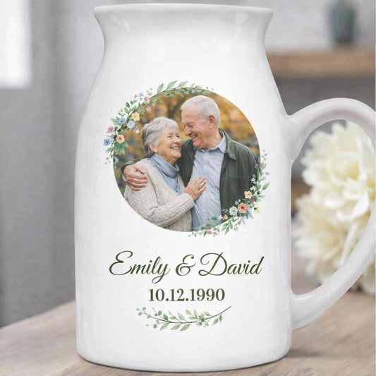 Personalized Photo Ceramic Vase – Custom Couple Name & Date Pitcher Keepsake