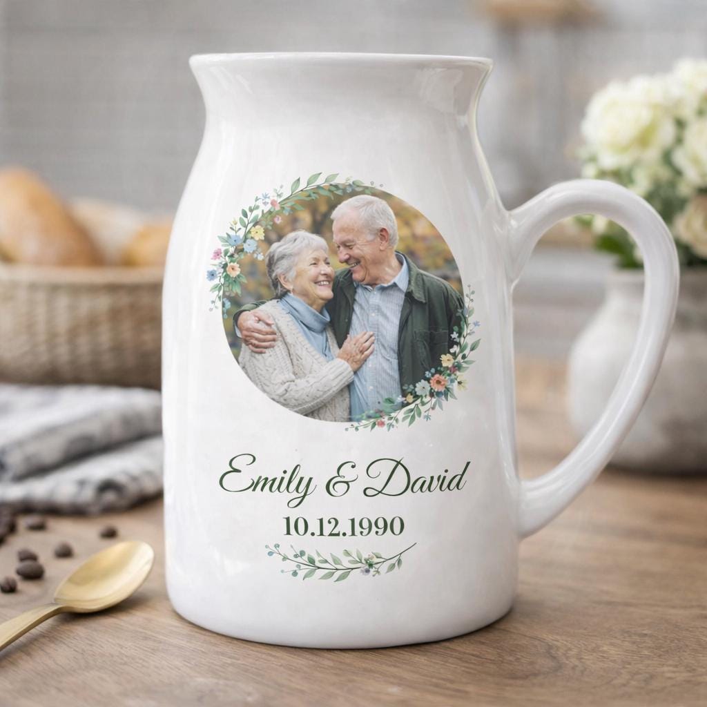 Personalized Photo Ceramic Vase – Custom Couple Name & Date Pitcher Keepsake