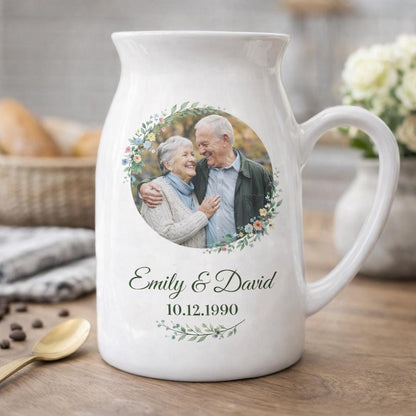 Personalized Photo Ceramic Vase – Custom Couple Name & Date Pitcher Keepsake