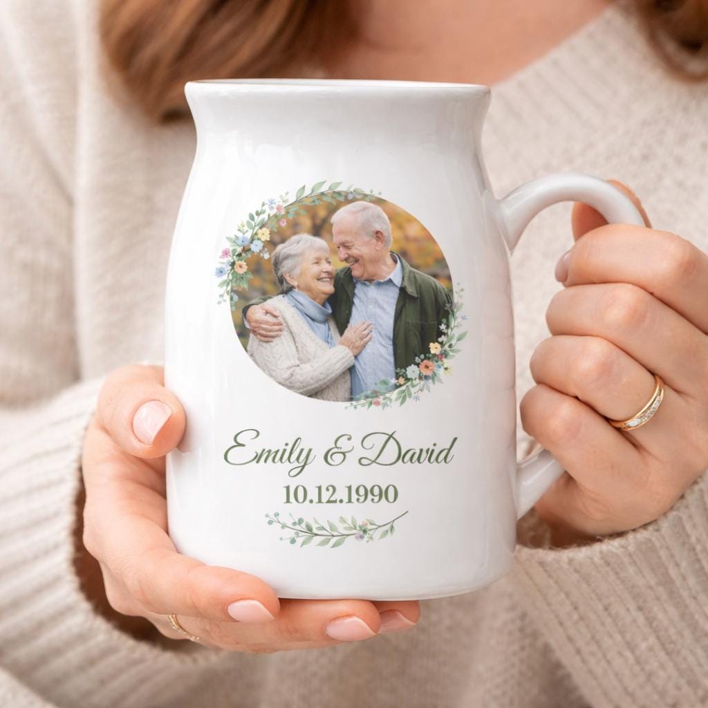 Personalized Photo Ceramic Vase – Custom Couple Name & Date Pitcher Keepsake