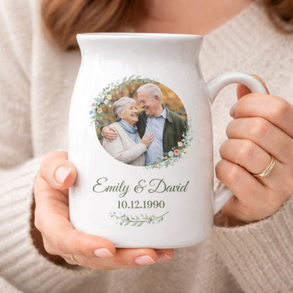 Personalized Photo Ceramic Vase – Custom Couple Name & Date Pitcher Keepsake