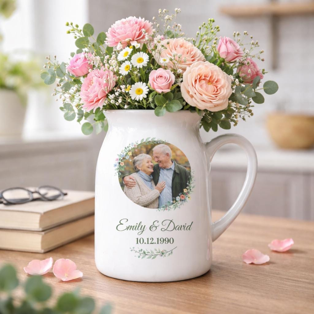 Personalized Photo Ceramic Vase – Custom Couple Name & Date Pitcher Keepsake