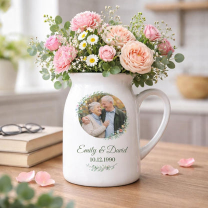 Personalized Photo Ceramic Vase – Custom Couple Name & Date Pitcher Keepsake