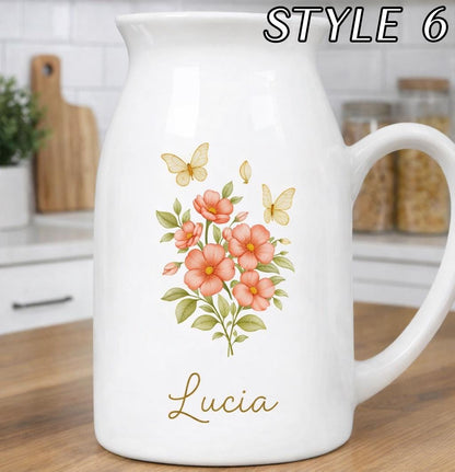 Personalized Name Ceramic Vase – Custom Floral Pitcher Vase Keepsake Gift